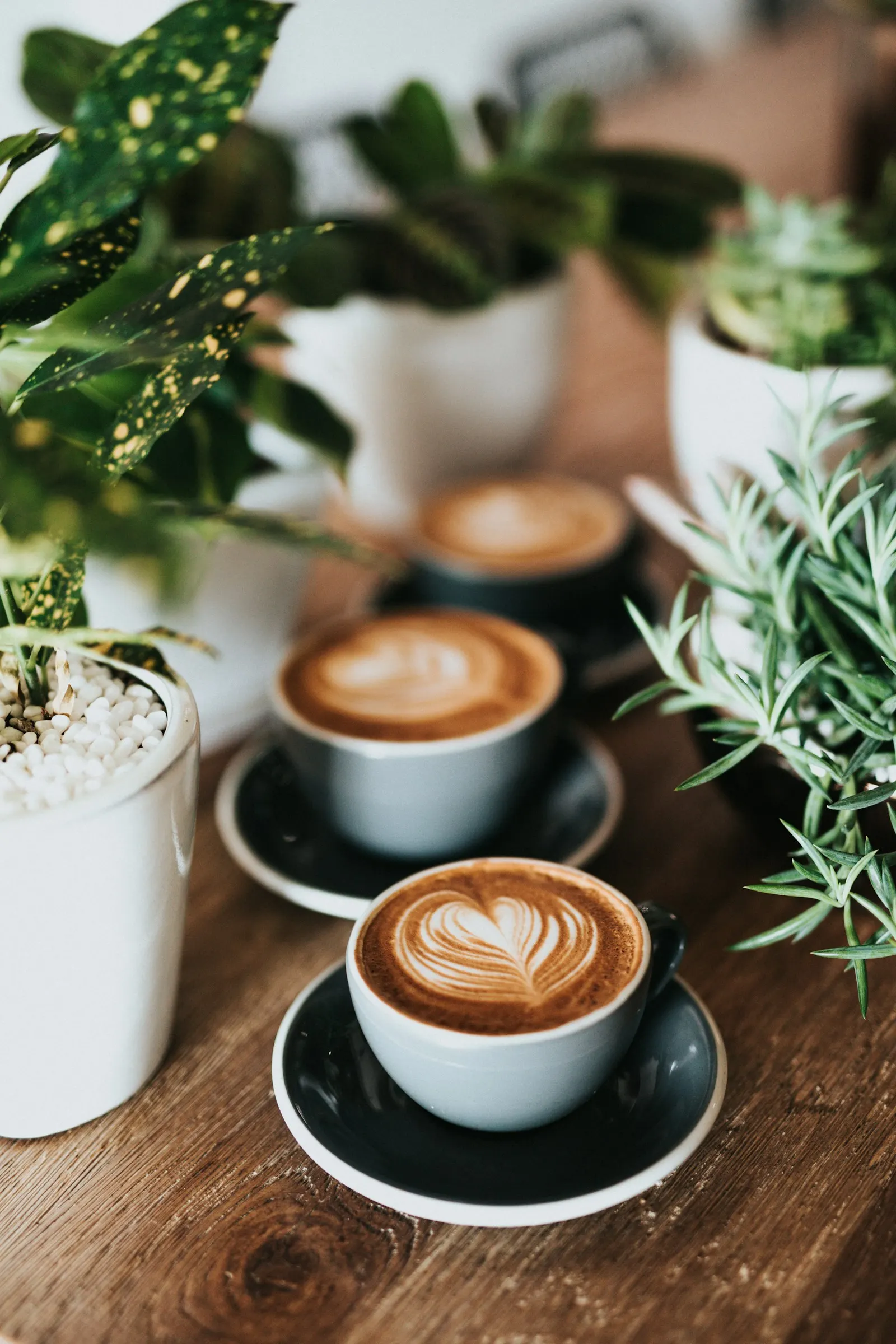 Ahşap kafe masasında kahve fincanları