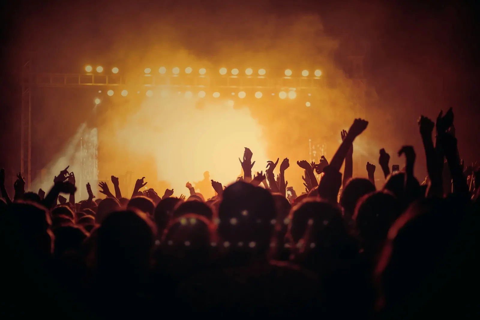 Concert crowd facing a brightly lit stage