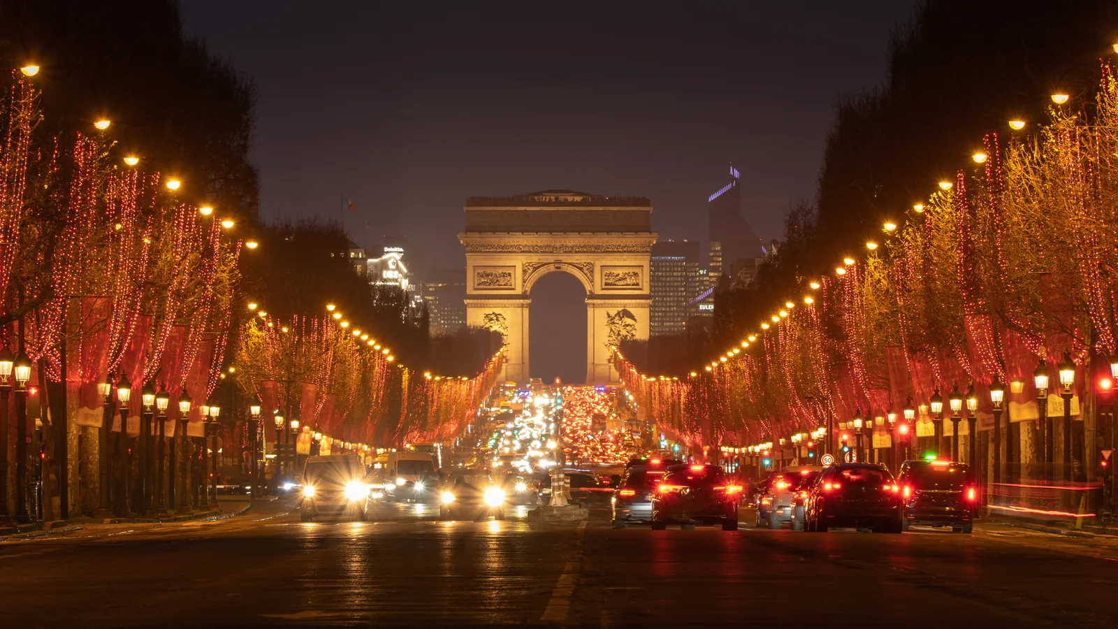 Christmas lights on the Champs-Élysées and the Arc de Triomphe in December 2021