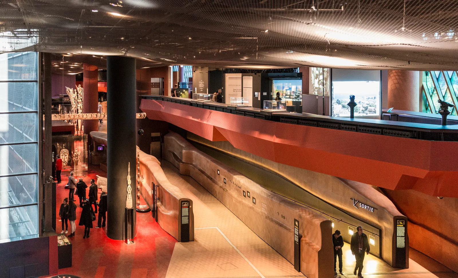 Interior of Musée du quai Branly in Paris, with a ramp and display spaces, March 2016